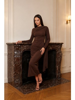 Setre Acı-Kahve Drape Detaylı Uzun Kollu Midi Elbise