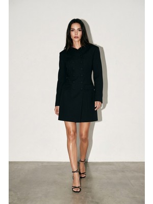 Setre Siyah Kruvaze Uzun Kollu Mini Elbise