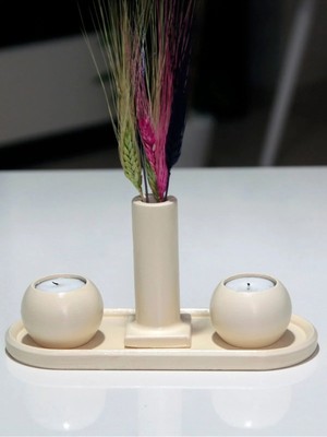 St. Morritz Tabaklı Mini Vazolu Mumluk Set Krem TYC00626188163