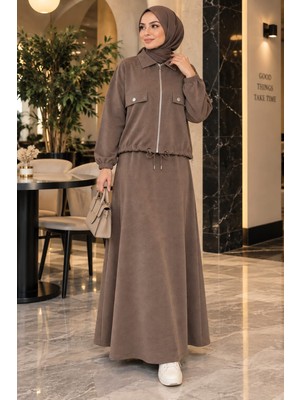 Esra Butik 🌸 Doğal Pike Kumaş Fermuarlı Etekli Tesettür Takım Vizon&siyah