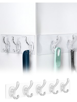Omilife 5 Kancalı Şeffaf Yapışkanlı Organizer Askı Mutfak Banyo Duvar Düzenleyici 35 cm