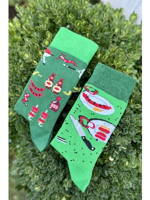 Lou Socks Unisex Sağlı Sollu Mangal Partisi Desenli Yeşil Soket Çorap