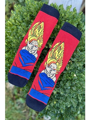 Lou Socks Unisex Dragon Ball Goku Desenli Kırmızı Anime Soket Çorap
