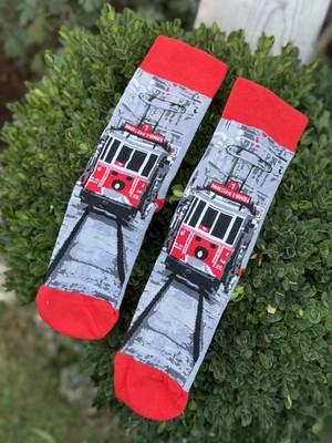 Lou Socks Unisex Istanbul Tramvay Desenli Gri Kırmızı Soket Çorap