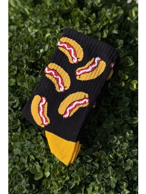 Lou Socks Unisex Sosisli Sandviç Desenli Siyah Soket Çorap
