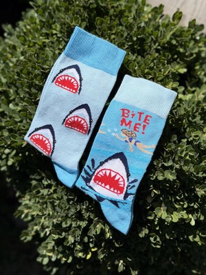 Lou Socks Unisex Sağlı Sollu Bite Me Köpek Balığı Desenli Soket Çorap