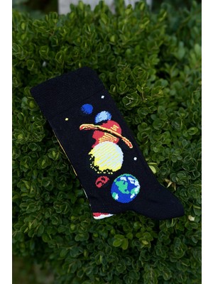 Lou Socks Unisex Güneş Sistemi Gezegenler Desenli Siyah Soket Çorap