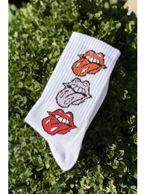 Lou Socks Unisex Dudak ve Dil Desenli Beyaz Tenis Çorap