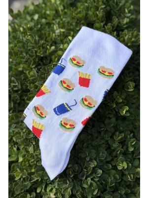 Lou Socks Unisex Fast Food Desenli Beyaz Soket Çorap