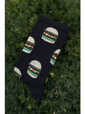 Lou Socks Unisex Hamburger Desenli Siyah Tenis Çorap