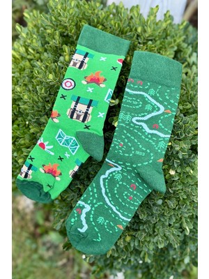 Lou Socks Unisex Sağlı Sollu Kamp ve Doğa Haritası Desenli Yeşil Soket Çorap