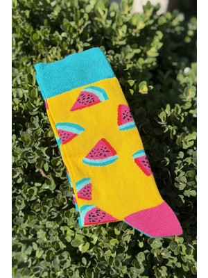 Lou Socks Unisex Sağlı Sollu Karpuz Desenli Sarı Turkuaz Soket Çorap
