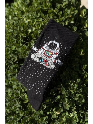Lou Socks Unisex Astronot Desenli Siyah Soket Çorap