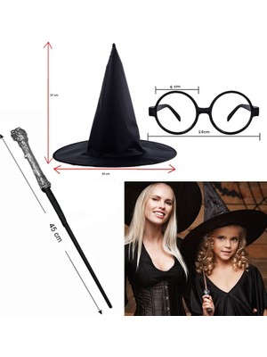 Pandoli Halloween Wizard Büyücü Şapkası Asa ve Gözlük 3'lü Kostüm Aksesuar Seti Model 2
