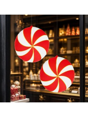 Pandoli Kırmızı Beyaz Renk Yılbaşı Şekeri Şekilli  Swırl Girdap Folyo Balon 45X45 cm 2 Adet Retro