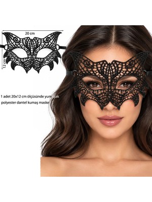Pandoli Halloween Polyester Dantelli Kumaş Maske Masquerade Maskesi Siyah Renk 1 Adet 20X12 cm