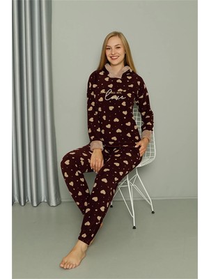 Veralya Polar Kadın Kapşonlu Pijama Takımı Bordo
