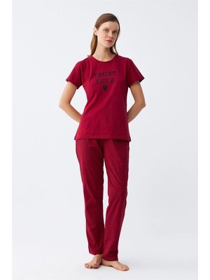 Veralya Kadın Bordo Kalp Desenli Kısa Kollu Penye Pijama Takımı
