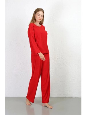 Veralya Kadın Bürümcük Kumaş Pijama Takım Kırmızı