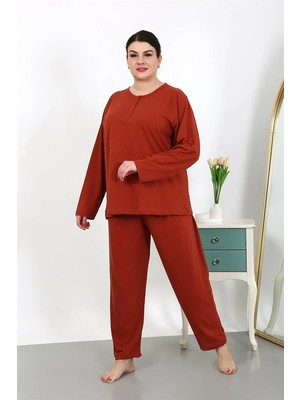 Veralya Kadın Büyük Beden Uzun Kol Penye Pijama Takımı Kiremit