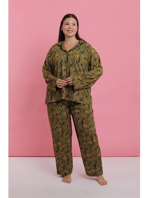 Veralya Kadın Büyük Beden Tropikal Yaprak Desenli Düğmeli Pijama Takımı