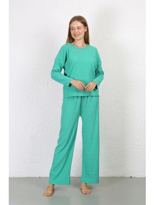 Veralya Kadın Bürümcük Kumaş Pijama Takım Yeşil