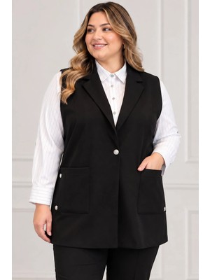 Lady Majestic Kadın Büyük Beden Şık Viskon Yelek | Klasik Yaka Düğmeli Cep Detaylı Yelek