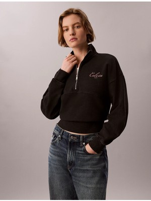 Calvin Klein Kadın Regular Fit Yarım Fermuarlı Pamuklu Düşük Omuzlu Uzun Kollu Siyah Sweatshirt LV047H239G-UB1