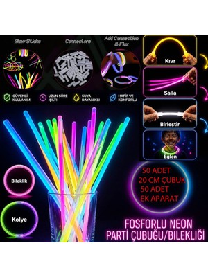 Pandoli Karışık Renklerde 50 Adet Glow Çubuk Karanlıkta Parlayan Neon Parti Bilekliği ve Bağlama Aparat Seti