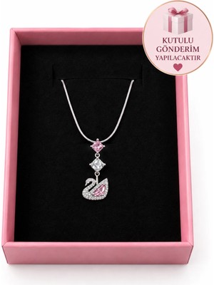 Balevien Pembe Taşlı Kuğu Zirkon Kararmaz Çelik Gümüş Renk Kolye