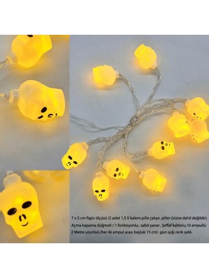 Pandoli Halloween Beyaz Renk Kurukafa Figürlü 10 Ampullü Gün Işığı Renk Işıklı Pilli LED 2 mt