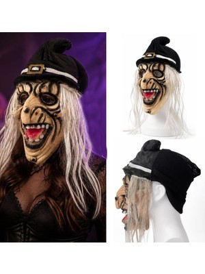 Pandoli Halloween Saçlı Lateks Kafadan Geçmeli Yanlardan Saçlı Cadı Witch Maskesi Yetişkin