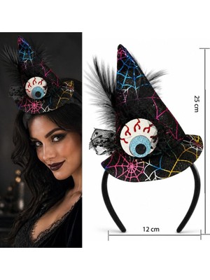 Pandoli Halloween Hologram Baskı Tüllü Tüylü Tepegöz Armalı Şapkalı Cadı Tacı 1 Adet