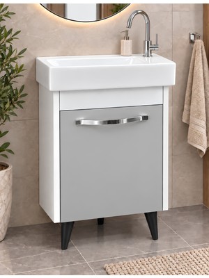 Turkuaz Lavabolu 50 cm Wc Banyo Dolabı Beyaz&gri ( Dar Alanlar Için Ideal )