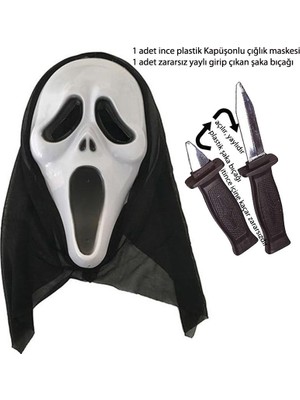 Pandoli Halloween Çığlık Maskesi Ghost Scream Mask Siyah Renk Şaka Bıçağı Hediyeli 1 Adet