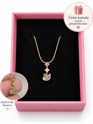 Balevien Pembe Taşlı Kuğu Zirkon Kararmaz Çelik Gold Renk Kolye