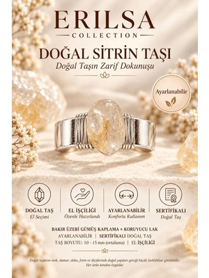 Erilsa Sertifikalı Doğal Sitrin Taşı Ayarlanabilir El Işçiliği Gümüş Renk Yüzük Koç Aslan Yay