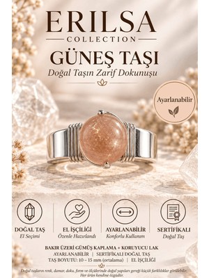 Erilsa Sertifikalı Doğal Güneş Taşı Ayarlanabilir El Işçiliği Gümüş Renk Yüzük Aslan Koç Yay
