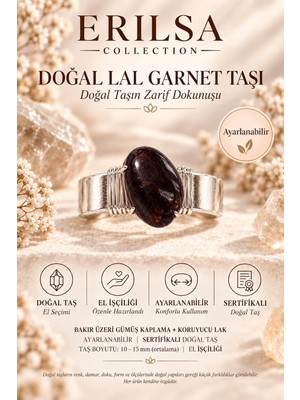 Erilsa Sertifikalı Doğal Lal Garnet Taşı Ayarlanabilir El Işçiliği Gümüş Renk Yüzük Oğlak Koç Akrep
