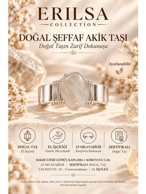 Erilsa Sertifikalı Şeffaf Akik Taşı Doğal Taş Yüzük Gümüş Kaplama Bakır Kasa Ayarlanabilir