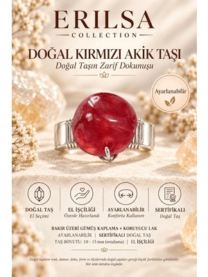 Erilsa Sertifikalı Kırmızı Akik Taşı Doğal Taş Yüzük Gümüş Kaplama Bakır Kasa Ayarlanabilir