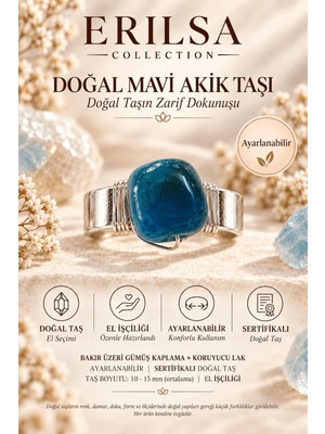 Erilsa Sertifikalı Mavi Akik Taşı Doğal Taş Yüzük Gümüş Kaplama Bakır Kasa Ayarlanabilir