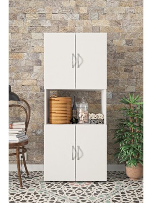 Kzy Orta Bölmeli Çok Amaçlı Dolap Modern Tasarım Beyaz Renk 140 cm Yükseklik 4 Raflı