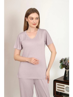Veralya Kadın Kısa Kol Pamuk Penye Pijama Takım Pudra