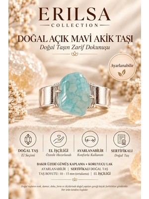 Erilsa Sertifikalı Açık Mavi Akik Taşı Doğal Taş Yüzük Gümüş Kaplama Bakır Kasa Ayarlanabilir