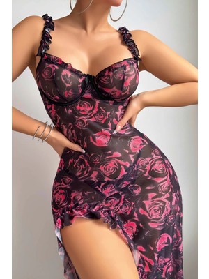 Fashioncolic Siyah Gül Desenli Uzun Fantezi Gecelik