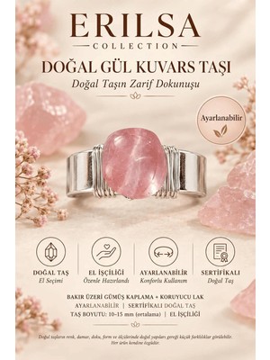 Erilsa Sertifikalı Doğal Gül Kuvars Taşı Ayarlanabilir El Işçiliği Gümüş Renk Yüzük Boğa Terazi Balık