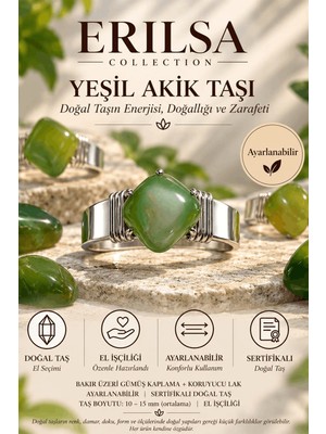 Erilsa Sertifikalı Doğal Yeşil Akik Taşı Ayarlanabilir El Işçiliği Gümüş Renk Yüzük Boğa Başak Terazi