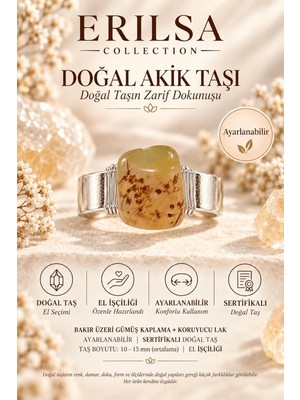 Erilsa Sertifikalı Dendritli Akik Taşı Doğal Taş Yüzük Gümüş Kaplama Bakır Kasa Ayarlanabilir
