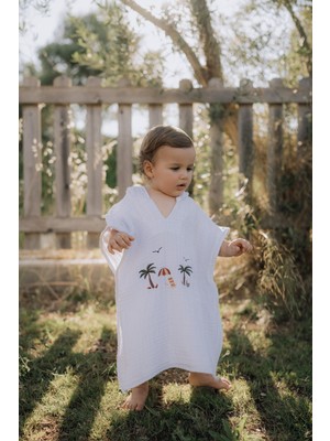 Dodo's Baby %100 Doğal Organik Müslin Plaj Nakışlı Bebek Çocuk Panço 4 Katlı Ultra Yumuşak Plaj Bornoz Banyo